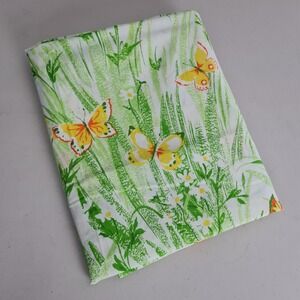 Vintage Bibb Twin Flat Sheet Butterfly Floral Print Green Yellow Orange USA 70s